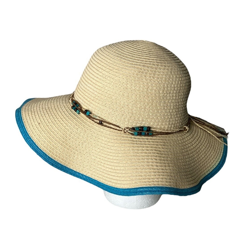 Island Beach Straw Sun‎ Hat Womens Turquoise Trim Beaded Boho Beachy Summer
